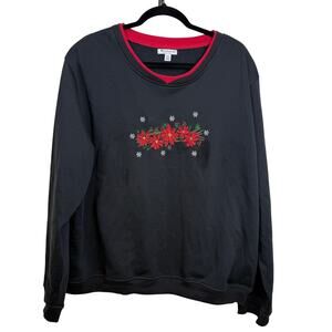Everyday Living Basics Christmas Sweatshirt XXL  Red Embroidered Poinsettias